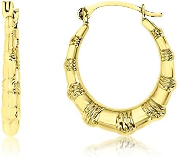 14K Yellow Gold Bamboo Small Hoop Earrings with Spring-Ring Back Finding & Cubic Zirconia Studded Design