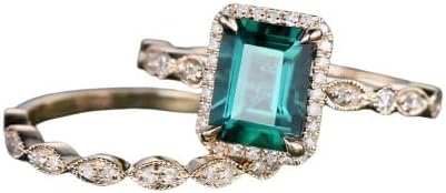 1 CT Emerald cut green emerald engagement ring solid 14k yellow gold half eternity marquise milgrain diamond promise wedding rings women jewelry