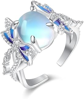 Adjustable Sterling Silver Dragonfly Engagement Ring with Moonstone for Women - Elegant PRAYMOS Design