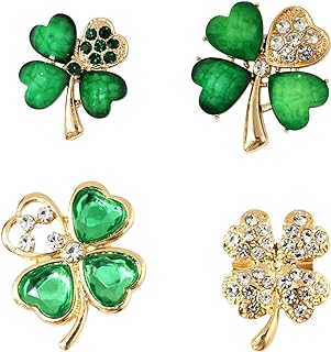 Honbay 4PCS Dainty Sparkling Alloy Rhinestone Four-leaf Clover Brooch Pins St Patrick's Day Good Luck Charms Irish Festival Green Resin Acrylic Lucky Clover Brooches Gift for Women and Girls