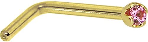 14k Yellow Gold L-shaped Nose Stud with Genuine Pink Sapphire Gem, Ideal for Daily Wear, Sophisticated Design from Body Candy