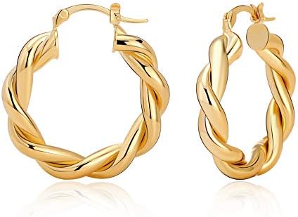 Twisted Gold Hoop Earrings for Women, Thick Chunky Hoops Hypoallergenic Vintage Twist Earings Big