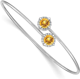 Flexible 7mm Diamond and Citrine Bangle in 14K White Gold with Secure Clasp, Perfect for Women, Elegant Cuff Stackable Design