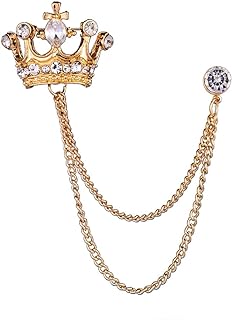 Crystal Crown Long Chain Collar Brooch Pin Rhinestone Solitaire CZ Button Brooches Clip Lapel Suit Dress Coat Brooches Pins Fashion Clothes Accessories Jewelry Gifts for Women Men Girls