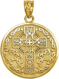 Celtic Cross Irish Blessing Textured Coin Medallion Pendant Necklace Fine Real Solid 10Kt Gold