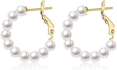 CERSLIMO Pearl Hoop Earrings for Women - 3 Pairs 14K Gold Plated Pearl Hoop Earrings Set, S925 Sterling Silver Post Big Large Hoops 4mm Pearl Earrings Jewelry Gifts 20/30/40/50mm