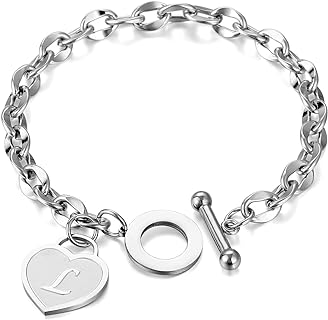 Initial Heart Charm Bracelets for Women Girls 14K gold/Silver Tone Stainless Steel OT Clasp Heart A-Z Letter Name Bangle Bracelet Gifts
