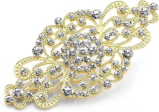 Mariell Vintage Bridal Crystal Brooch Pin, 4" Wide, Gold Wedding Pin, Rhinestone Brooch for Brides and Wedding, Art Deco Fashion Accessory