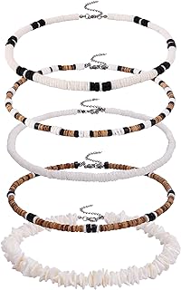 5Pcs Shell Surfer Necklace For Men Puka Shell Necklace Surfer Beach Shell Necklace Coconut Beads Necklace Summer Beach Necklace Hawaiin Shell Necklace