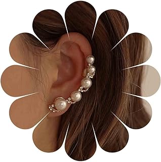 Vintage Crystal Pearl Ear Cuff Earrings Rhinestone Pearl Ear Climber Earrings Boho Cz Pearl Ear Wrap Earrings Sparkly Pearl Clip On Cuff Earrings Jewelry for Women and Girls