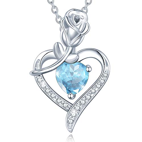 Rosy Reverie Valentines Day Gifts Birthstone Necklace for Her Sterling Silver Genuine or Created Gemstone Rose Flower Heart Pendant Necklace Anniversary Birthday for Women Girls Mom Wife Lady