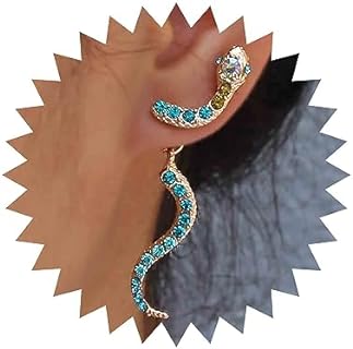 Gothic Blue Crystal Snake Earring Jackets for Women and Girls, Glitter Rhinestone and Gold Decor, Drop Design with Secure Push Back