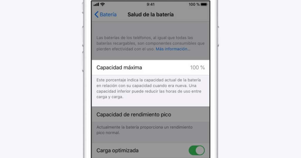 Estado de la batería en iPhone con capacidad máxima