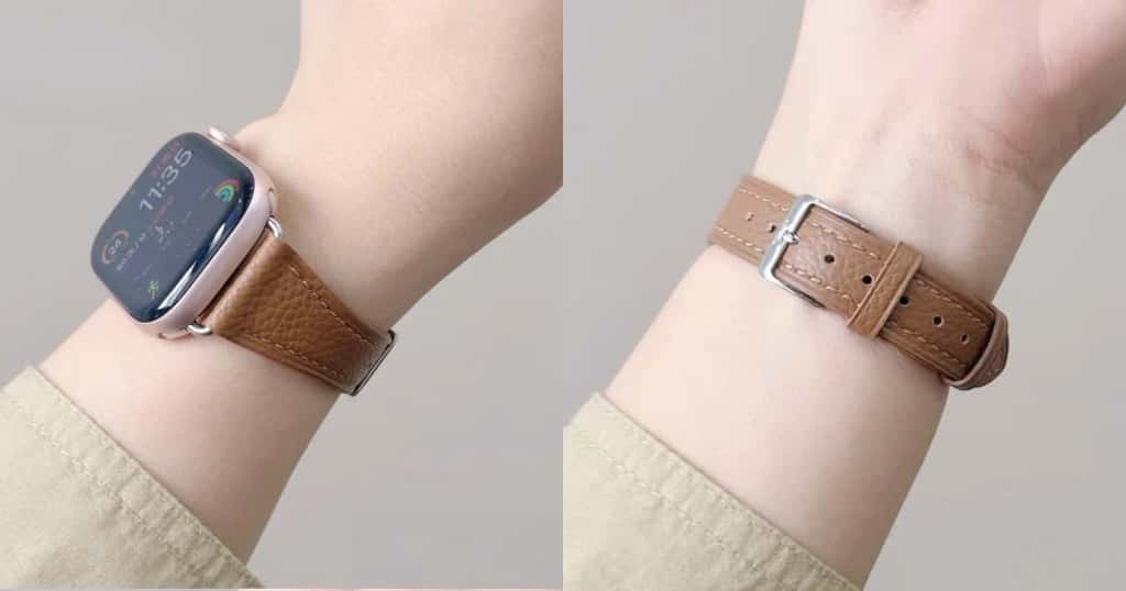 Apple Watch S10 en la muñeca con correa de cuero marrón