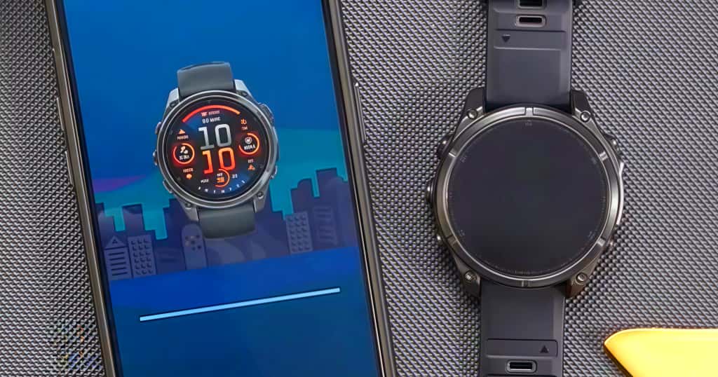 画面には Garmin の時計が表示され、その横には接続中のスマートフォンがあり、Garmin デバイスとスマートフォン間のペアリング プロセスを示しています