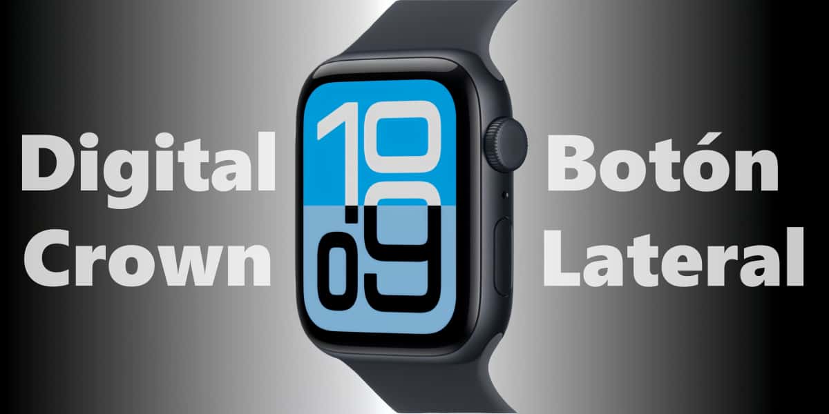 El Apple Watch muestra la Digital Crown y los botones laterales, indicando cómo explorar todo el potencial de estos controles