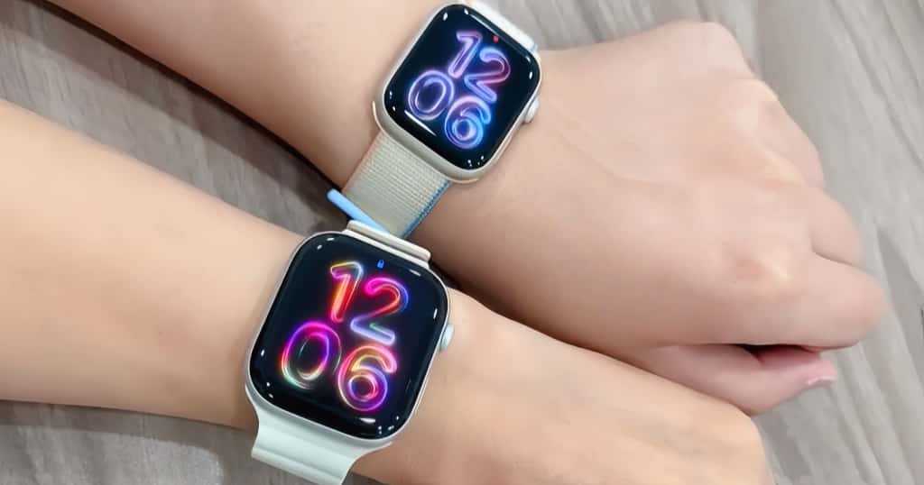Menampilkan perbandingan ukuran dan gaya Apple Watch 46mm dan 42mm