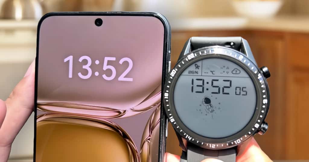 La imagen muestra la sincronización horaria entre el teléfono y el Huawei Watch, y explica cómo activar o desactivar la función de sincronización automática del Huawei Watch