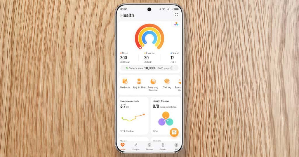 Layar telepon pintar menampilkan antarmuka aplikasi Huawei Health, yang menunjukkan data aktivitas harian, langkah, dan catatan latihan, memberikan wawasan tentang Huawei Health