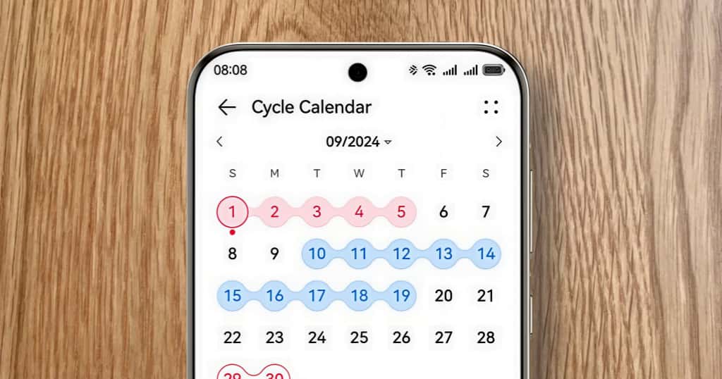 La pantalla del teléfono muestra el calendario del ciclo menstrual dentro de la aplicación Huawei Health, mostrando una de las funciones principales de gestión de la salud y el estado físico del Huawe