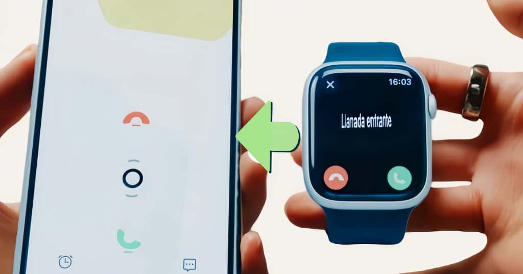 Apple Watch mostrando la pantalla de llamada entrante, con un teléfono Android en el fondo