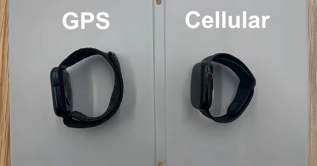 Ini menunjukkan versi Apple Watch GPS dan Seluler; sisi kiri menunjukkan versi GPS, dan sisi kanan menunjukkan versi Seluler