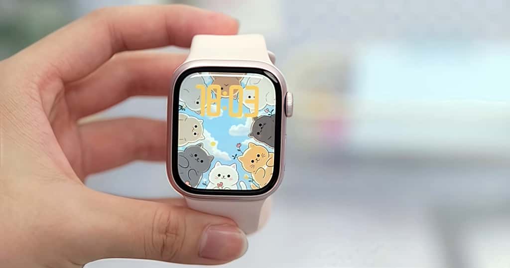 手に持ったApple Watchに猫のイラスト文字盤が表示されている様子。Apple Watchが仕事効率化に役立つ理由を紹介する記事用のイメージ画像
