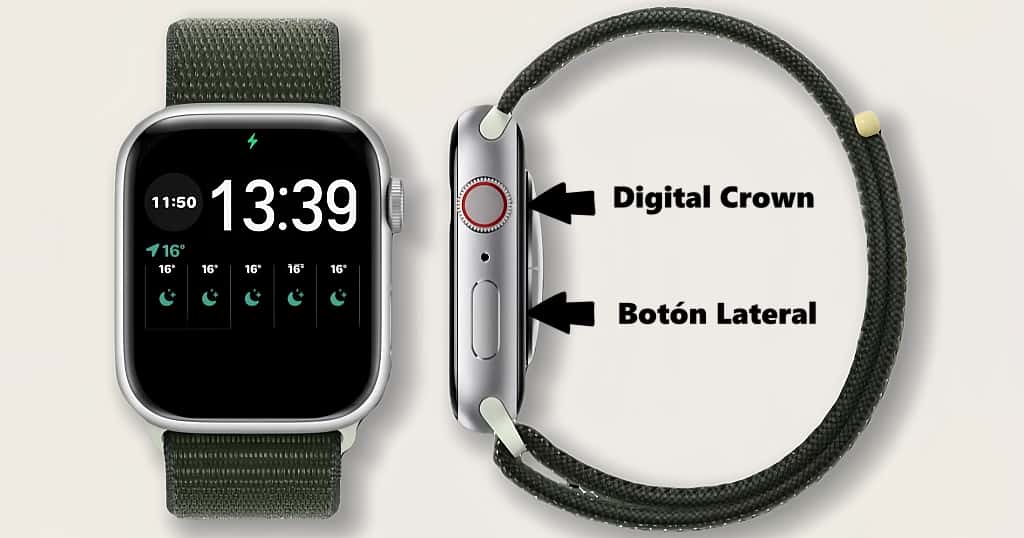 El Apple Watch muestra la Digital Crown y los botones laterales, presentando luego los botones principales