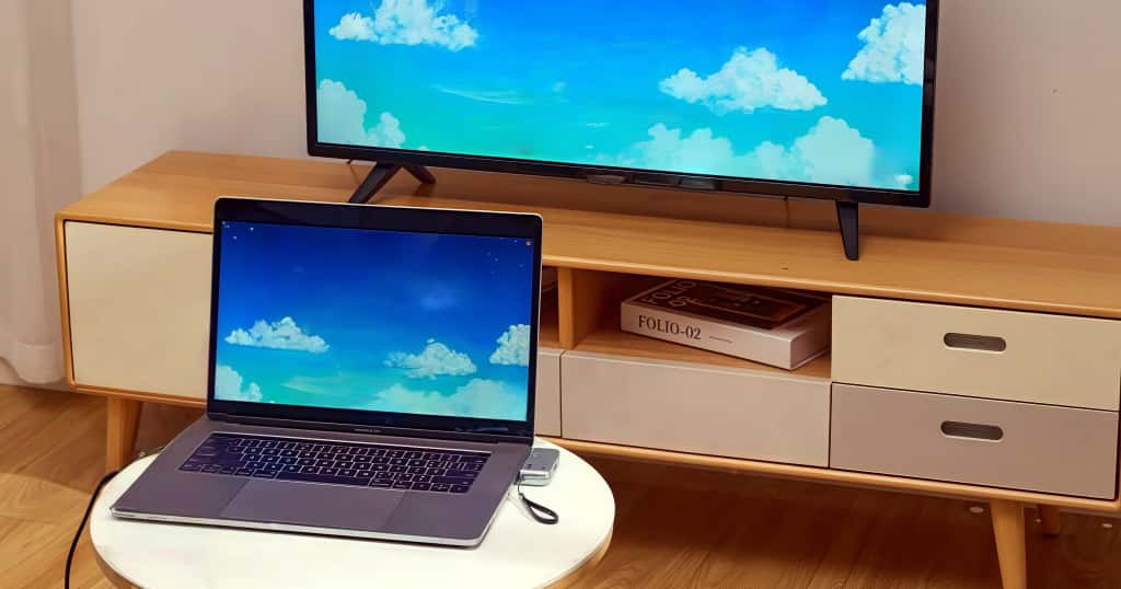 El MacBook está conectado al televisor y muestra la misma pantalla, demostrando los pasos de preparación antes de la duplicación de pantalla a través de HDMI o de forma inalámbrica