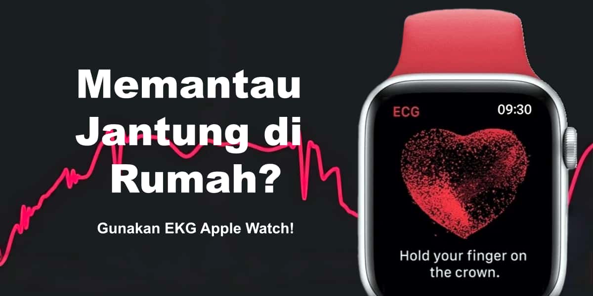 Apple Watch menampilkan grafik detak jantung merah dan antarmuka uji EKG untuk memperkenalkan pemantauan kesehatan jantung di rumah