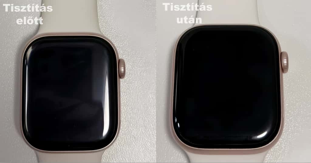 Apple Watch óraszíj tisztítás előtti és utáni állapota egymás mellett bemutatva