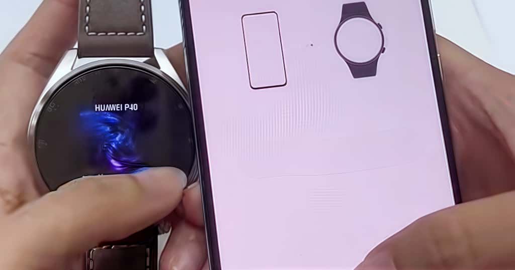 El usuario utiliza su teléfono para realizar la configuración inicial de emparejamiento del Huawei Watch, demostrando el proceso de conexión con la aplicación Huawei Health