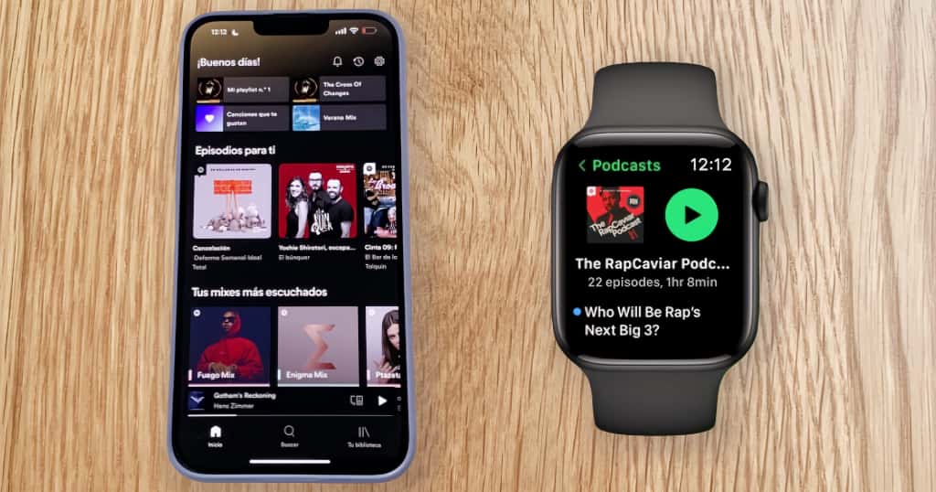La demostración mostró un iPhone y un Apple Watch con la aplicación Spotify abierta, ilustrando los pasos para configurar y sincronizar Spotify en un Apple Watch.jpg
