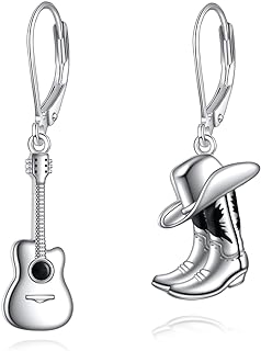Premium Silver TIGER RIDER Cowboy Boot Hat Dangle Earrings with French Back Finding - Whimsical Guitar Pendant Accessory for Stylish Women