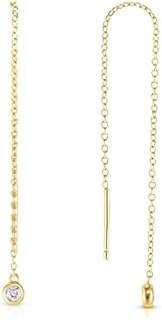 Femme Luxe Bezel Set 0.10 Carat Diamond Drop Earrings, Needle Threader Pull Through Earrings In 925 Sterling Silver, (Yellow, White)