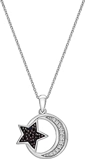 1/10 CTTW Black & White Diamond Moon and Star Pendant Set in Polished Sterling Silver, Necklace with 18" Cable Chain, Dainty Jewelry for Women, Diamond Luxury Fashion Necklaces for Women