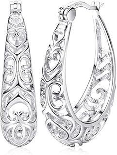 18K White Gold Plated Sterling Silver Filigree Hoop Earrings for Women with Latch Back Design by Milacolato