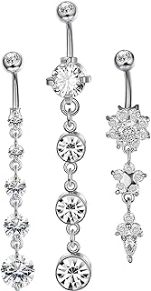 JOERICA 3-6Pcs 14G 316L Stainless Steel Belly Button Rings for Women Flower CZ Dangle Belly Button Rings Navel Piercing Jewelry