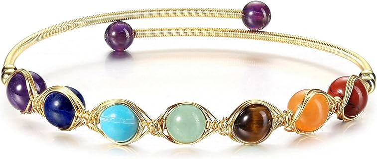 Adjustable Beaded Cuff Bracelet with Bead Chain, 14K Gold-Plated Copper & Healing Crystal Stones by Top Plaza - Elegant Gift for Women, Girls & Ladies