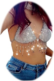 Women Sparkly Rhinestone Mesh Halter Bra Top Sequins Stars Chest Bikini Halter Crop Top Body Chain Jewerly for Festival Party Top