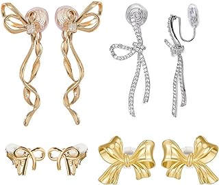 4 Pairs Gold Bow Clip On Earrings for Women, Bow Earrings Non Pierced Classic Ribbon Bow Stud Earrings Cute Statement Jewelry Set Non Piercing Clip On Earrings for Girls