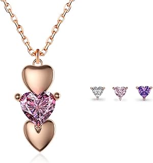 Rose Gold Heart Necklace Womens Pink Purple White CZ Diamond Pendant Necklace with Three Interchangeable Stones
