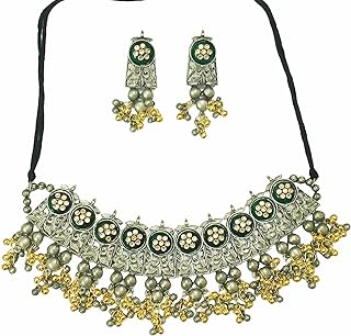 Indian Ethnic Antique Afghani Silver Oxidized Polish Ghungroo Bells Boho Gypsy Tribal Statement Multi Mirror Stone Choker Thread Necklace Earrings Jewelry for Women Girls