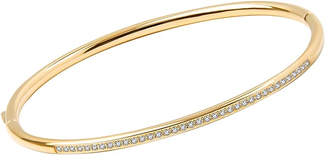 Cubic Zirconia Bangle Tennis Bracelet, Women Stainless Steel Hinged Jewelry Crystal Oval Bracelet Present for Her