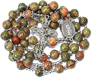 Unisex Unakite Agate Bead Rosary Necklace with Miraculous Medal and Jesus Crucifix, Crafted from Antique Silver-Plated Zinc