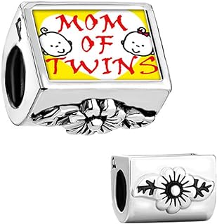 Cubic Zirconia-Studded Mom of Twins Photo Charm Bracelet with Floral Design - Durable Alloy Metal