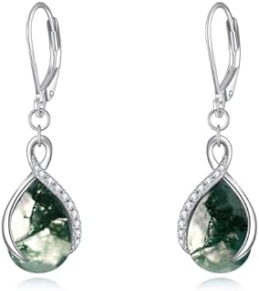 Women's Sterling Silver Teardrop Moonstone Leverback Earrings with Moss Agate Gem