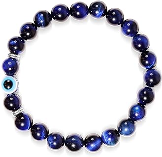 Unisex Lucky Evil Eye Beads Bracelet with Tiger Eye Healing Stones & Stainless Steel Bead Chain, No Clasp Design, Spiritual and Fashionable Energy Jewelry