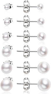 14K Gold-Plated Stainless Steel 10mm Freshwater Pearl Stud Earrings with Push Back Closure for Women, Set of 6 Ball-Shaped Earrings of Various Sizes (3-8mm)