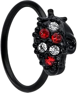 Body Candy 20G Stainless Steel Nose Ring with Black PVD Coating and Red-Black Skull Charm Design